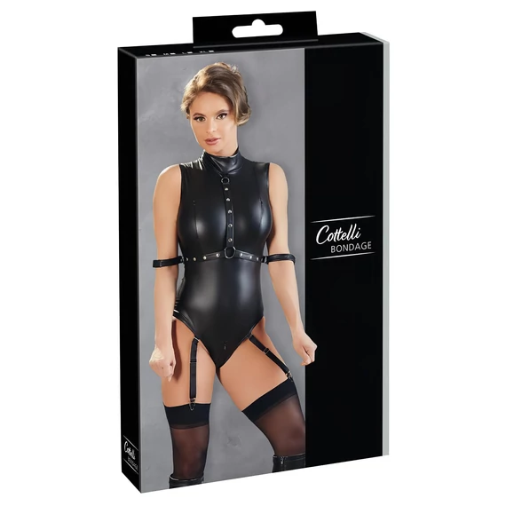 Cottelli Bondage - ujjatlan, fényes body és kar bilincs (fekete)